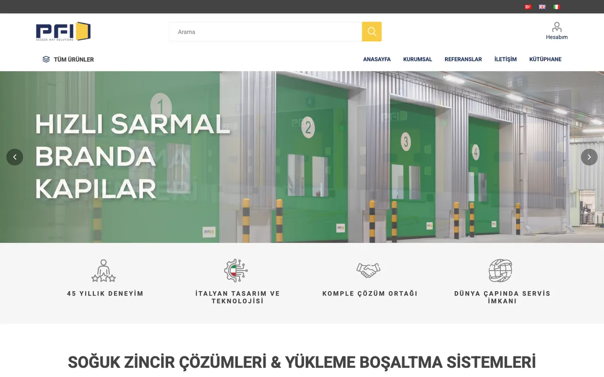 PFI industrial doors website homepage — Bilcod digital agency web and SEO project